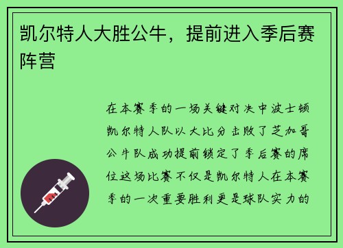 凯尔特人大胜公牛，提前进入季后赛阵营